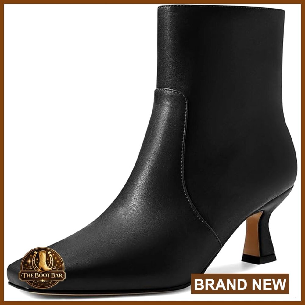 Women's Ankle Boots Kitten Heel Square Toe Side Zipper PU Leather Casual Shoes